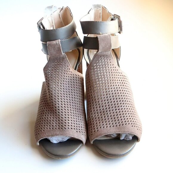 Marc Fisher Taupe Laser-cut Suede Leather Peep Toe Block Heel Ankle Strap Sandal - Picture 13 of 16